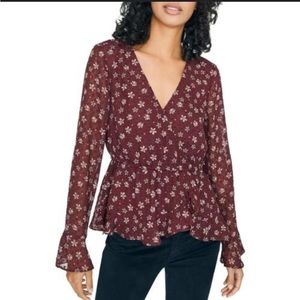 Sanctuary Carried Away red boho peplum sheer sleeve floral blouse medium